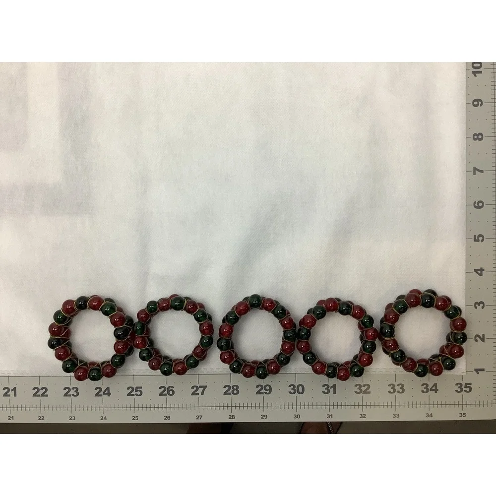 Vintage Red Green Beaded Napkin Rings Gold Wire Christmas Holiday Set of 5